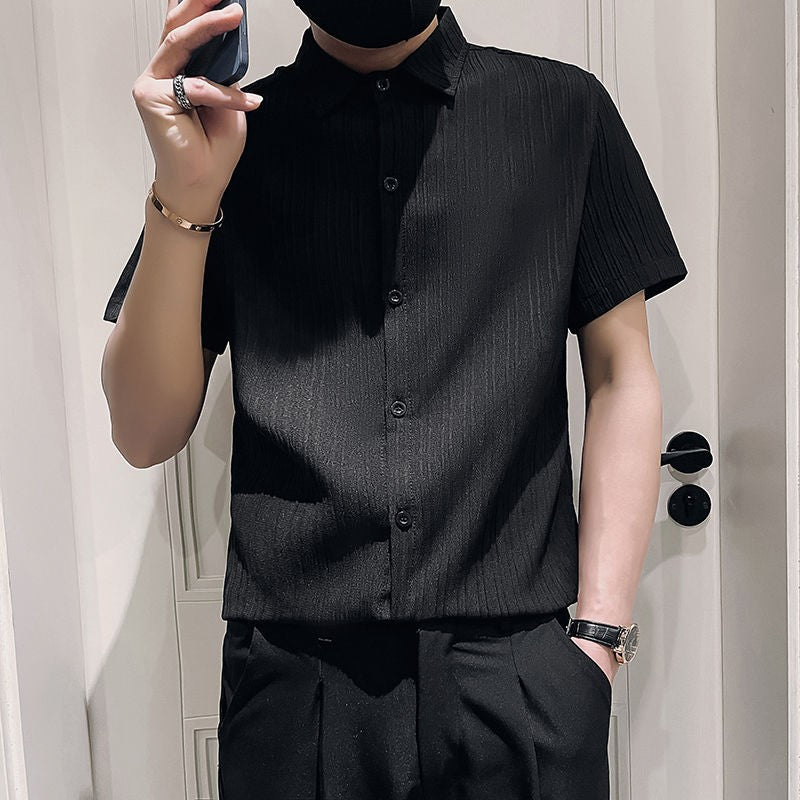 Streetwear Fashion Korean Clothing Solid Shirts Spring Autumn Men Long Sleeve Striped Lapel Single Sockets Business Casual Tops