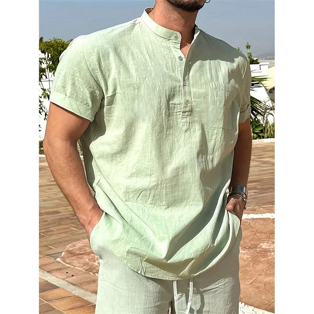 Summer Hot Sale Men's Cotton Linen T-shirt Henley Neck Casual Breathable Lightweight Solid Color Pocket Fashion Button Tops