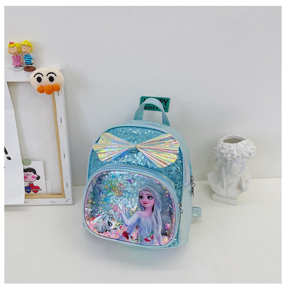 Mochila Mini de Glitter Princesa Elsa de Frozen da Disney, Linda com Laço de Lantejoulas, Bolsa Escolar de Jardim de Infância para Meninas, Desenho Animado Infantil, Mochila de Ombro Duplo