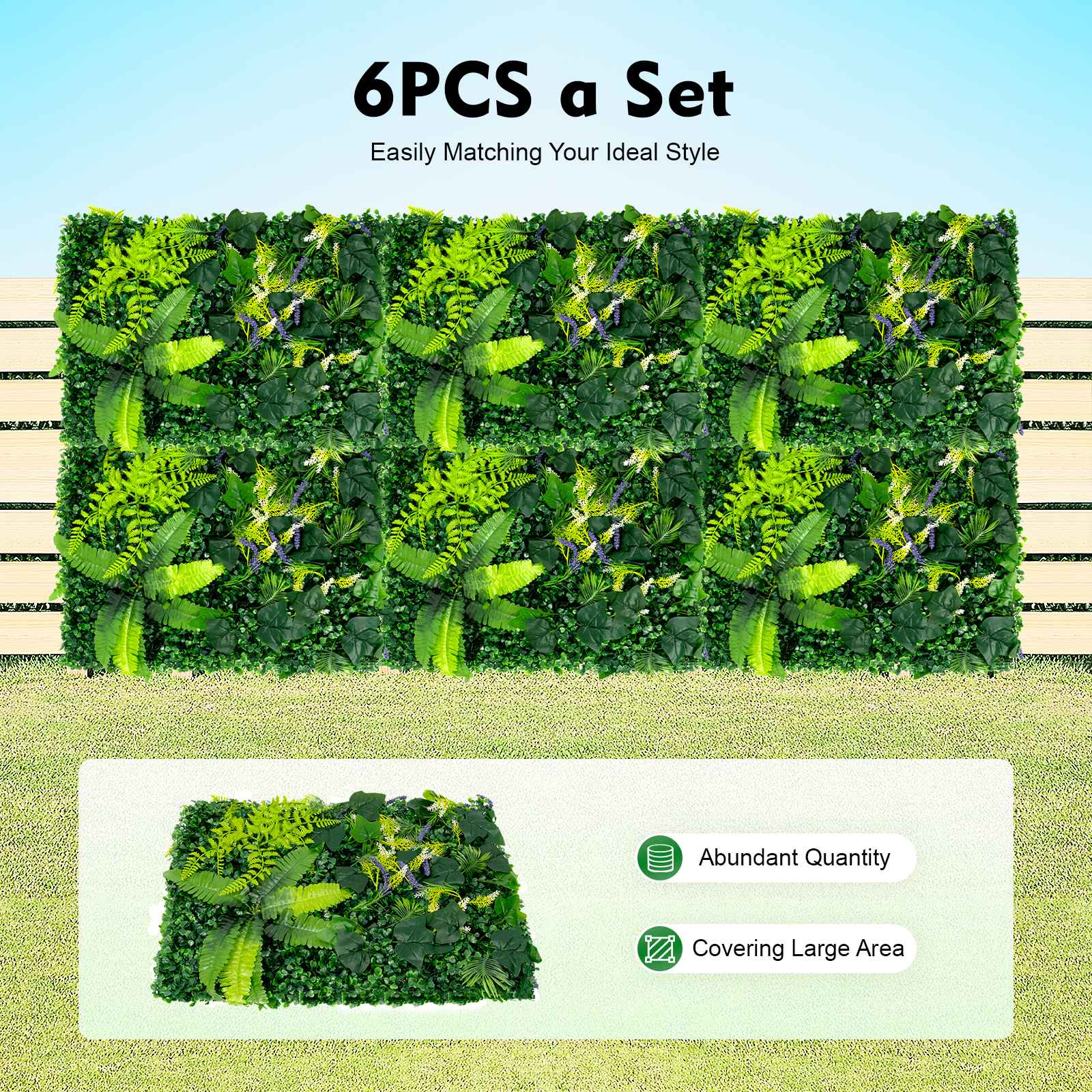 6 Pack Artificial Greenery Wall 60x40cm Faux Plant Panel for Garden Balcony Porch Wedding Party Indoor Outdoor Decoration