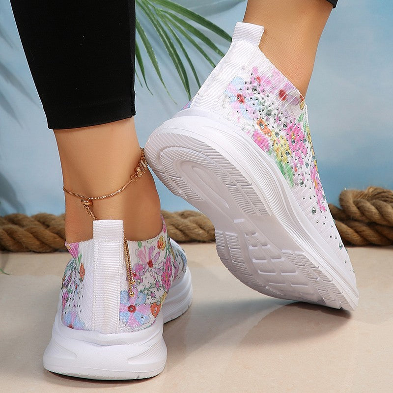 Floral Crystal Decor Slip On Sneakers Women Plus Size 35-43 Breathable Mesh Sports Shoes Woman Comfortable Soft Sole Flats Shoes
