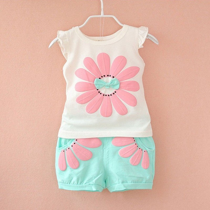 Summer Children Casual Clothes Suit Baby Girls Cute Cartoon Flowers Vest Shorts 2Pcs/Set Toddler Cotton Clothing Kids Tracksuits