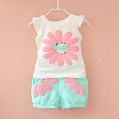Summer Children Casual Clothes Suit Baby Girls Cute Cartoon Flowers Vest Shorts 2Pcs/Set Toddler Cotton Clothing Kids Tracksuits