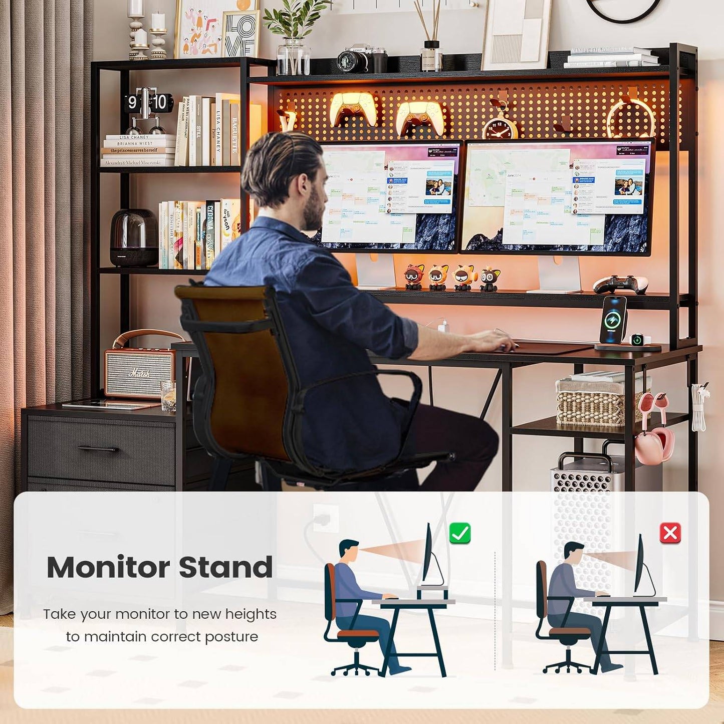 Gaming Desk with Hutch, 65in Reversible Computer Desk with Power Outlets LED Light, Home Office Desk with Monitor