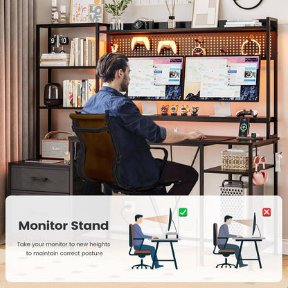 Gaming Desk with Hutch, 65in Reversible Computer Desk with Power Outlets LED Light, Home Office Desk with Monitor