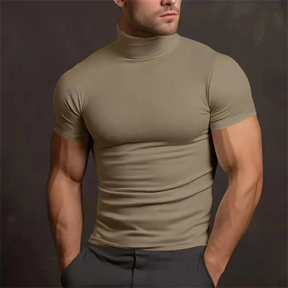 Cross-border Amazon 2024 summer solid color short-sleeved fashion bottoming shirt men's tight turtleneck T-shirt