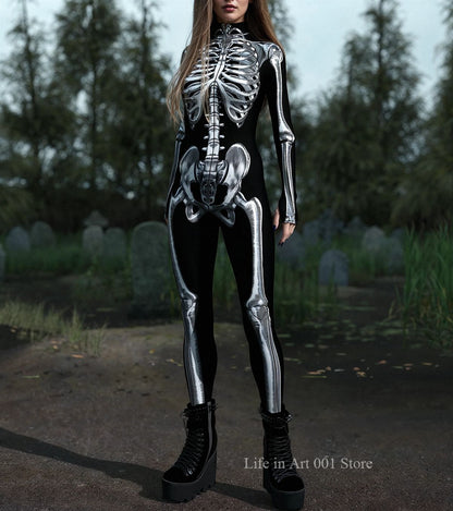 Women Grey Candy Skeleton Bodysuit Halloween Cosplay Costume Carnival Steampunk Artistic Sexy Slim Jumpsuit Performance Zentai