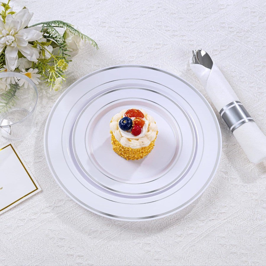 350PCS Silver Plastic Dinnerware Set for 50 Guests Fancy Disposable Plates for Party Include: 50 Dinner Plates 50 Dessert Plate