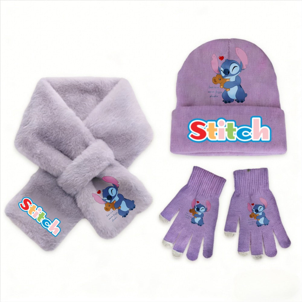 Conjunto de 3 peças de chapéu, cachecol e luvas de malha de inverno Stitch Disney Kawaii quente para meninas Acessórios casuais de moda infantil presente de Natal perfeito
