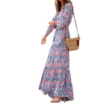 Women's Autumn New Fashionable Printed Sexy V-neck Long Sleeve High Waist Elasti