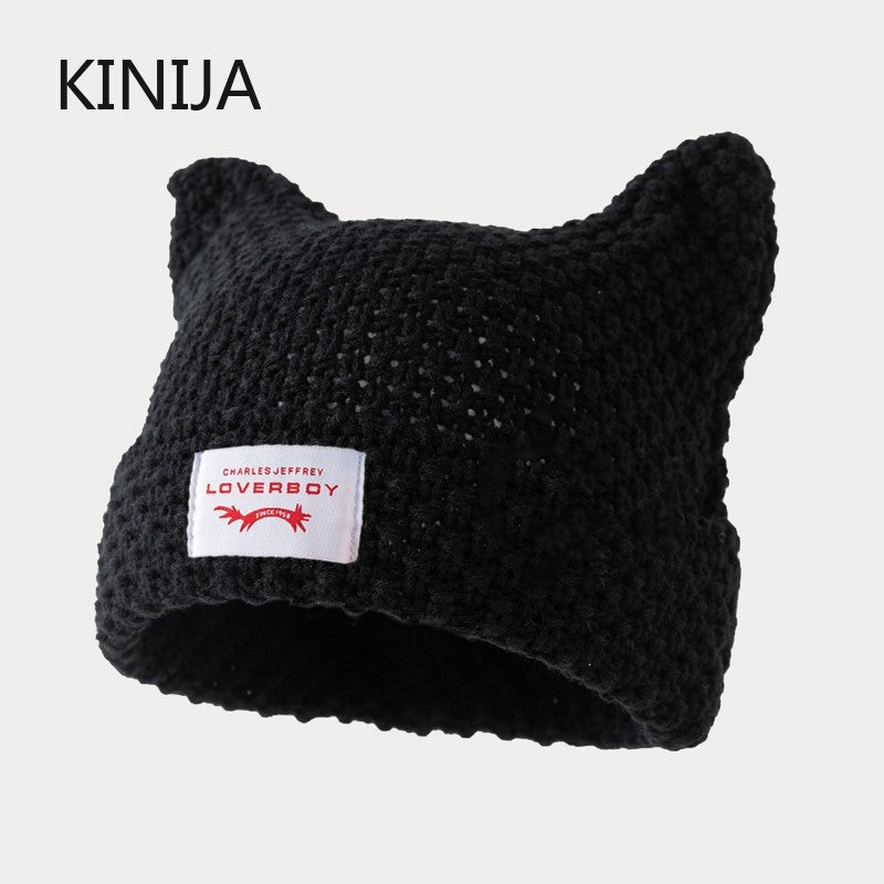 Y2K Gorro de Malha Listrado Feito à Mão Orelhas de Gato Chapéu Frio Inverno Masculino Feminino Quente Crochê Kawaii Designer