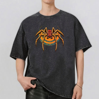 Spider Pattern Rint Men's Summer Retro Style Washed Water T-Shirt Casual Short Sleeved Basic Men's Top 230G