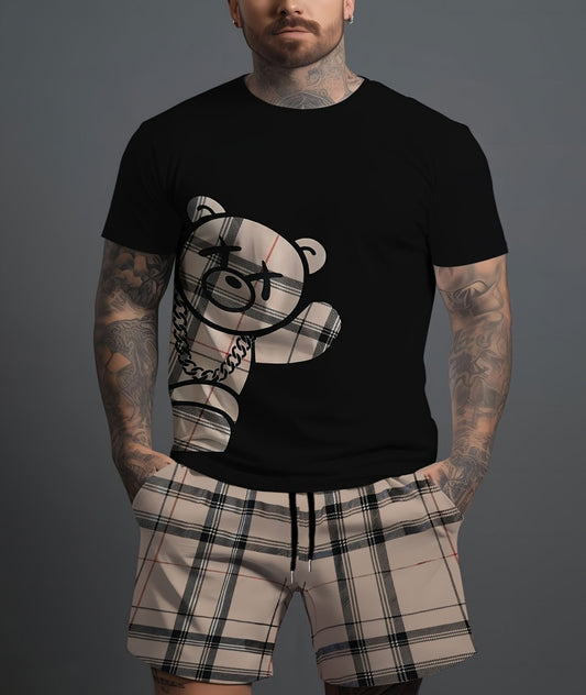 2025 Summer new men's suit 2-piece casual bear 3D printed plaid shorts summer comfort breathable lightweight men's suit new styl