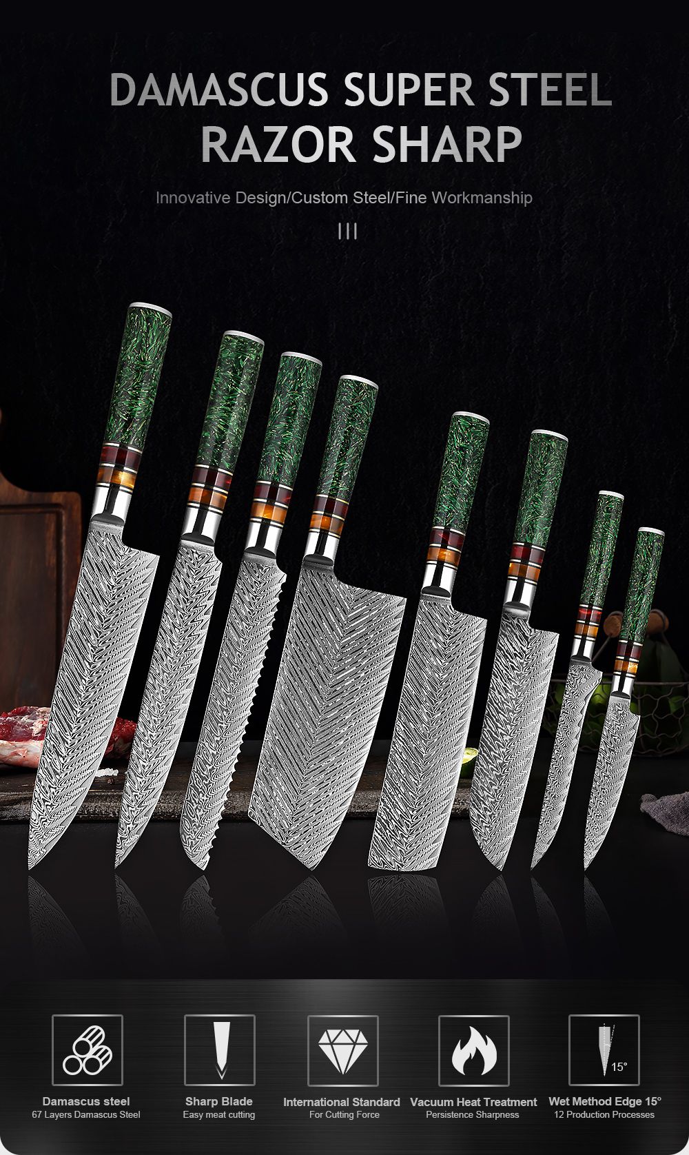 Conjunto de Facas de Cozinha XITUO Luxury Damascus Japonesas Chef Santoku Faca Cutelo Descascar Faca de Pão Cabo de Resina Sintética Destaque
