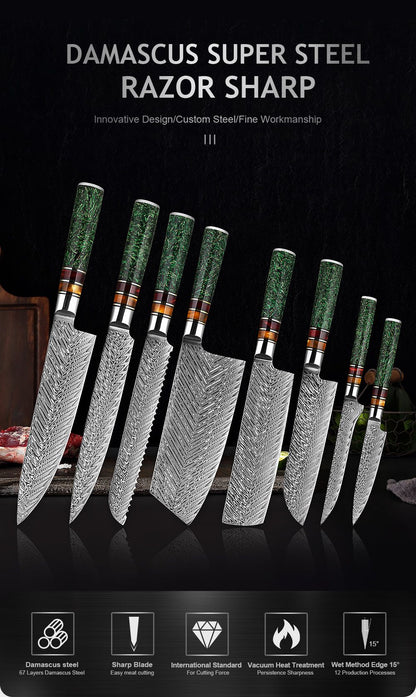 Conjunto de Facas de Cozinha XITUO Luxury Damascus Japonesas Chef Santoku Faca Cutelo Descascar Faca de Pão Cabo de Resina Sintética Destaque