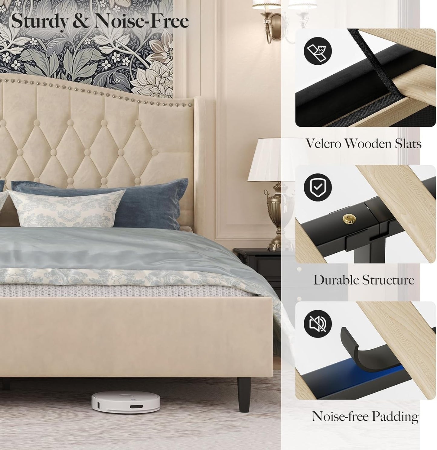 Estrutura de Cama Queen com Cabeceira, Cama Plataforma de Veludo Estofada de Luxo com Asa Lateral, Capitão e Acabamento com Tachas, Ant
