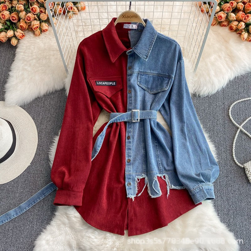 Slimming Denim Patchwork Lapel Dress Autumn Waist-fitted Medium-length Shirt