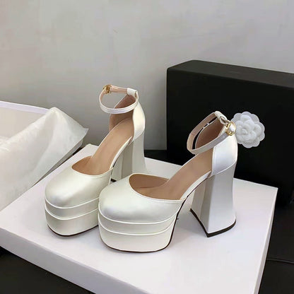 Sapatos de salto alto feminino plataforma chunky bico fechado salto bloco bico quadrado com tira no tornozelo para festas casamentos formaturas 2025
