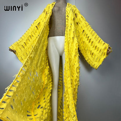 WINYI new maxi kimono coat for women OverCoat hole denim cardigan long down coat cover up beach outfits woman abaya dubai luxury