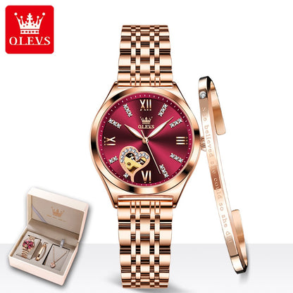 OLEVS 6636 Luxury Women Watch Fully Automatic Hollow Design Diamond Heart shaped Watch Elegant Mechanical Women Bracelet Watch