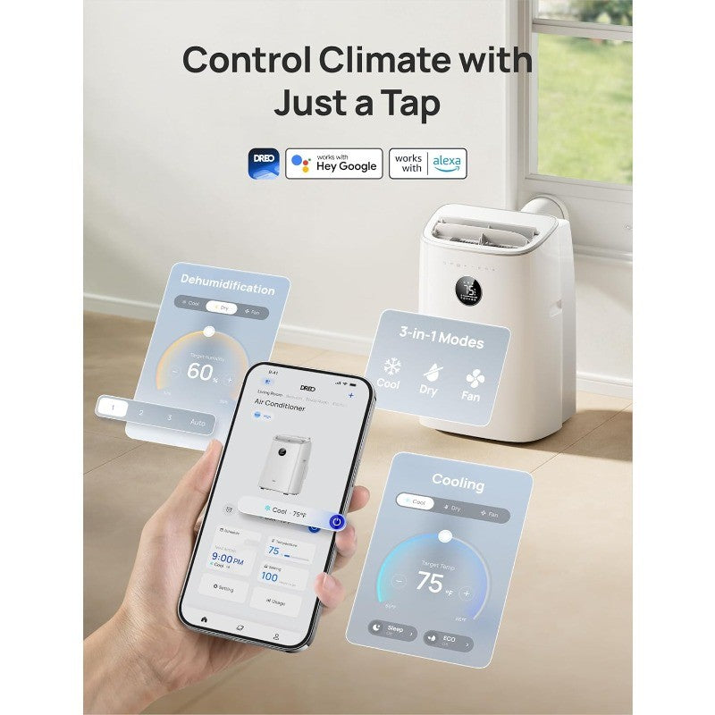 Dreo Ar Condicionado Portátil, 8000 BTU ASHRAE (5000 BTU DOE) Unidade de AC Inteligente para Quarto com Resfriamento sem Drenagem, AC318S