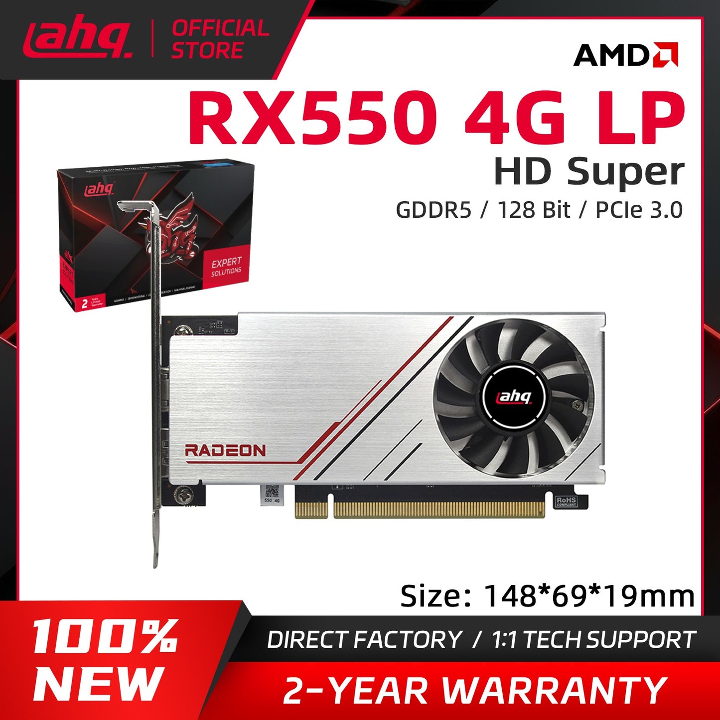 Placa Gráfica AHQ RX550 4G GDDR5 LP Perfil Baixo GPU NVIDIA Industrial Mini ITX SFF IPC Micro Servidor Torre HTPC 100% Nova