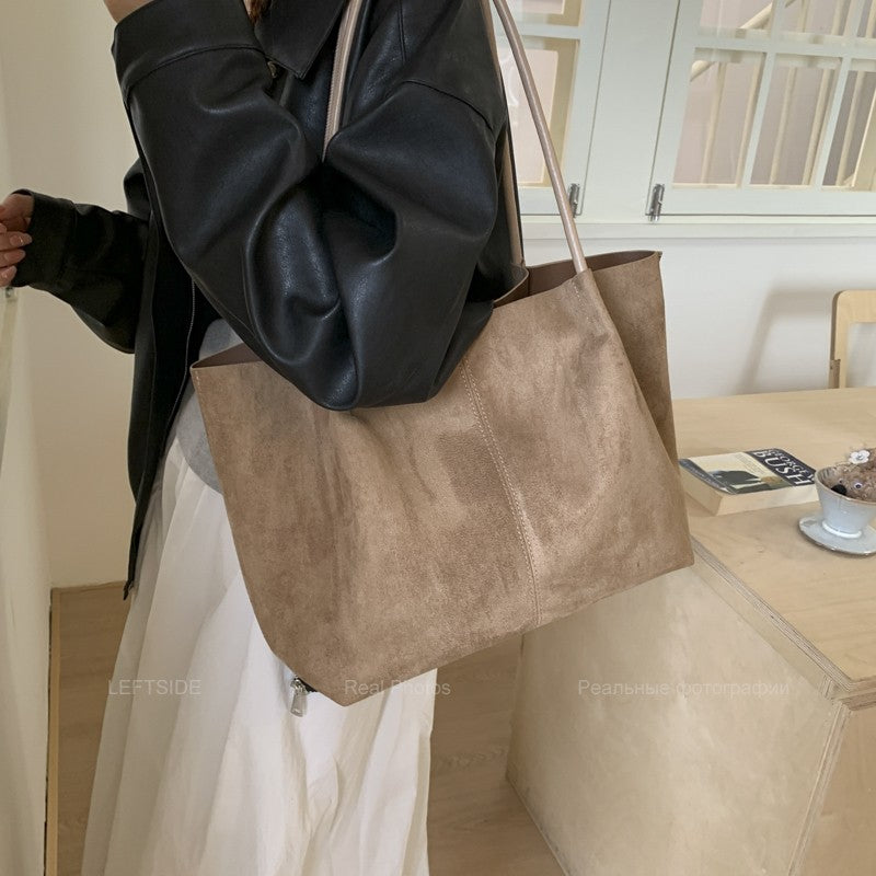 LEFTSIDE Women Faux Suede Shoulder Bag 2025 Winter Retro Soft Tote Bag Luxury Designer Trend Female High Capacity Handbags