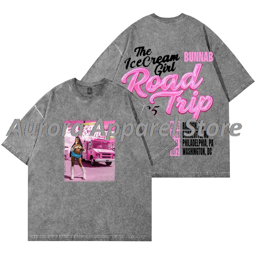 BunnaB The Ice Cream Girl Road Trip Vintage Wash T-Shirts Cosplay Women Men Cotton Short Sleeve Tee