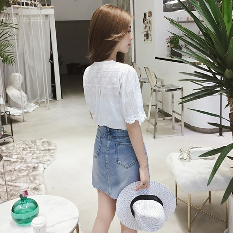 Women's Shirt Lace Hollow Out Sweet Loose White V-Neck Blouse Half Sleeves Solid Blouse Shirt