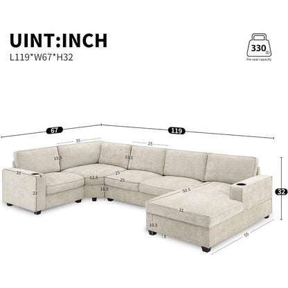 119" U Shaped Sectional Sofa, 6 Seat Chenille Corner Couch Set, for Living Room, Apartment, Beige