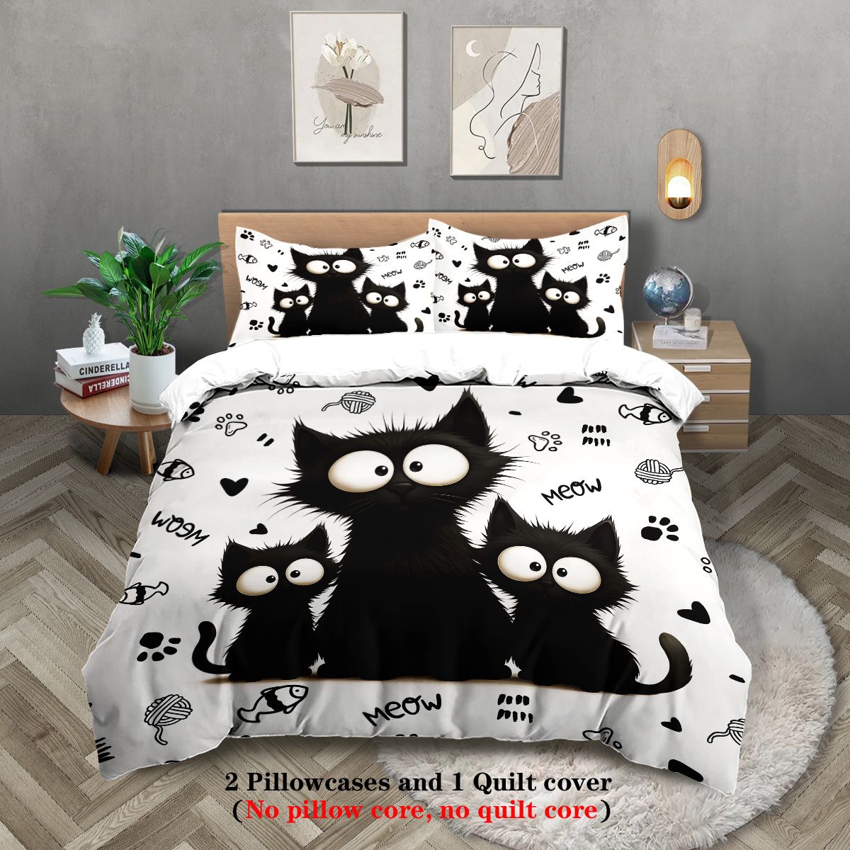 3pc Black Cat Printed Bedding Set with Coreless, Soft and Comfortable Multi Size Machine Washable 1 Duvet Cover+2 Pillowcases