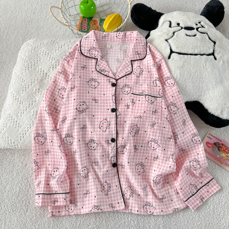 Hello Kitty Cute Kawaii Pajama Set for Women Autumn Soft Fabric Comfort Plaid Loungewear 2 Piece Long Sleeve Top Pants Sleepwear