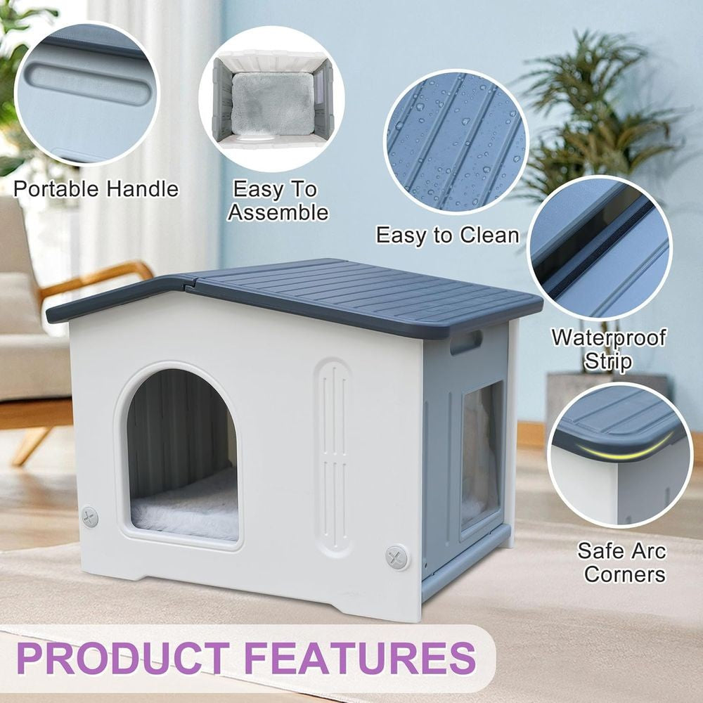 Abrigo para Gatos Cinza à Prova D'Água para Exteriores com Saída de Emergência para Gatos de Rua e Domésticos, Fácil de Montar
