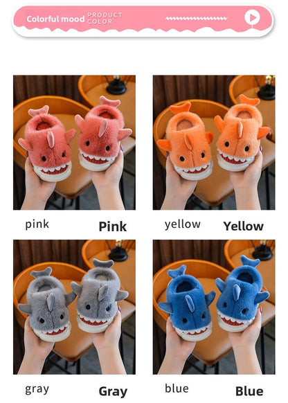 Winter Heel Wrap Cotton Children's Slippers Cute Cartoon Shark Non-slip Soft Sole Kids Boys Girls Junior Warm Plush Home Shoes