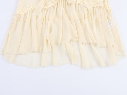 ZEAINS Beige French V-neck lace ruffle court style chiffon long sleeved shirt top for women in autumn