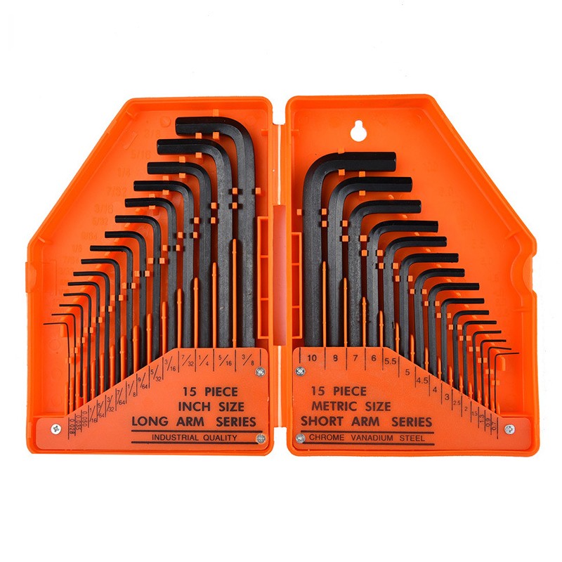30 Peças Chave Allen Sextavada 0.028"- 3/8" Polegadas & 0.7mm-10mm Tamanho Métrico Aço Cromo-vanádio Chave Ferramenta Braço Longo Conjunto