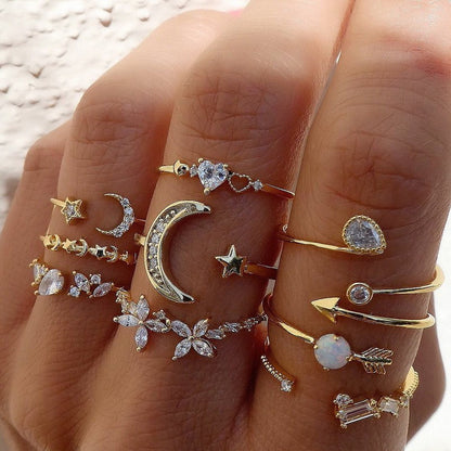 Conjunto de Anéis Boêmios com Zircônia para Mulheres, Anel Dourado com Cristal Boêmio Letra Amor Coração Lua Flecha Flor, Joias de Casamento, Presentes