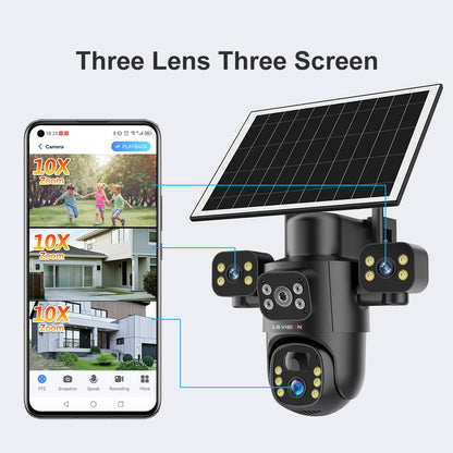 LS VISION 4G / WiFi Solar Camera 3Lenses Outdoor 15MP 4K Low Power Battery IP Camera PIR Night Vision V380 Pro CCTV Security
