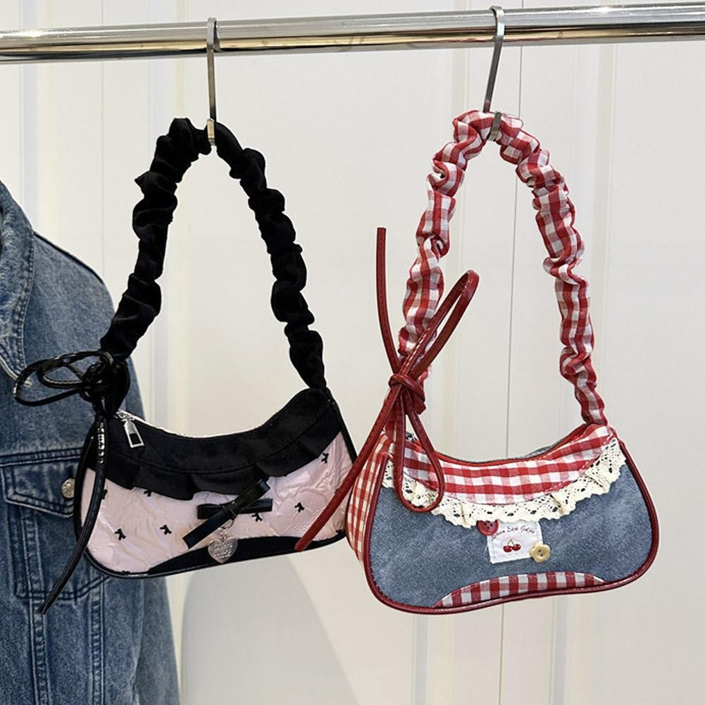 New Cute Checkered Handbags Sweet Lace Underarm Bag Bowknot Armpit Shoulder Crossbody Bag Y2k Fashion Casual Shoulder Bag