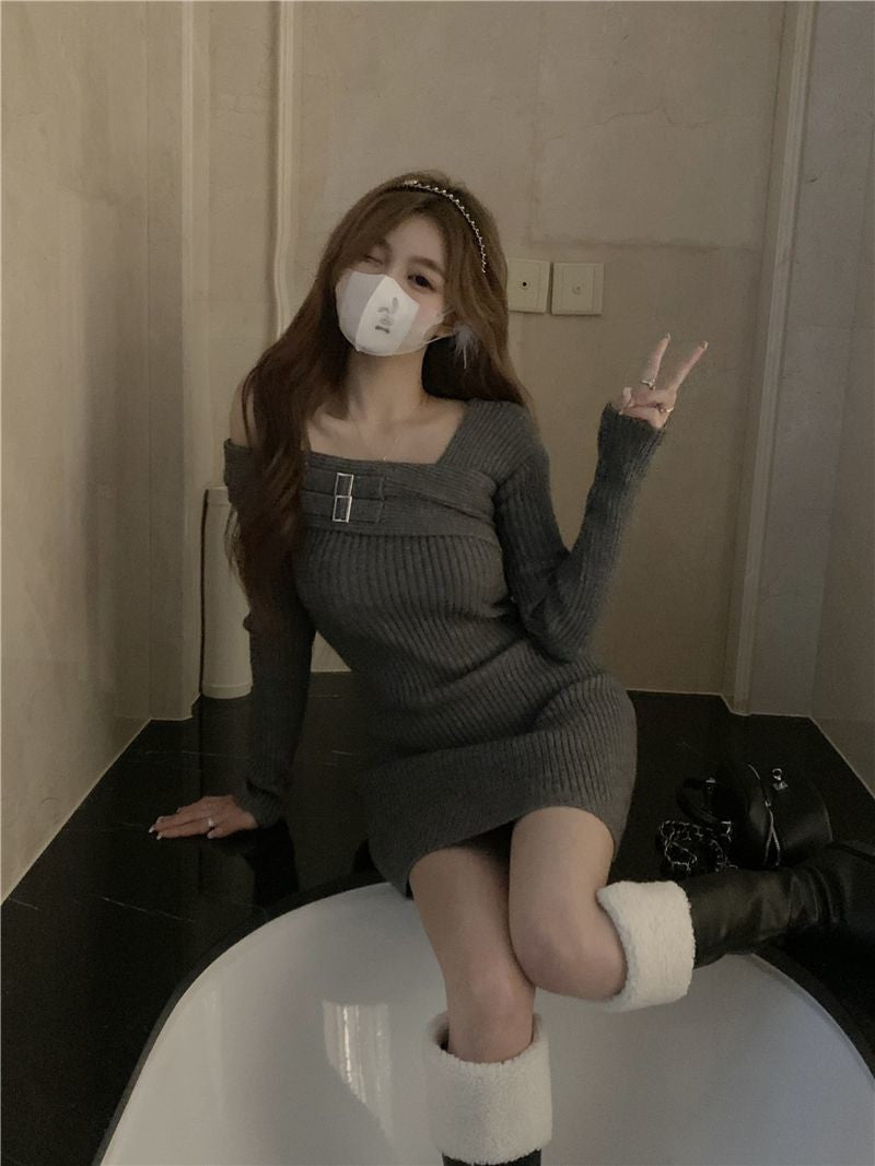 MEXZT Y2K Knitted Mini Dress Women Streetwear Sexy Off Shoulder Sweater A Line Dresses Christmas Party Korean Bodycon Vestidos