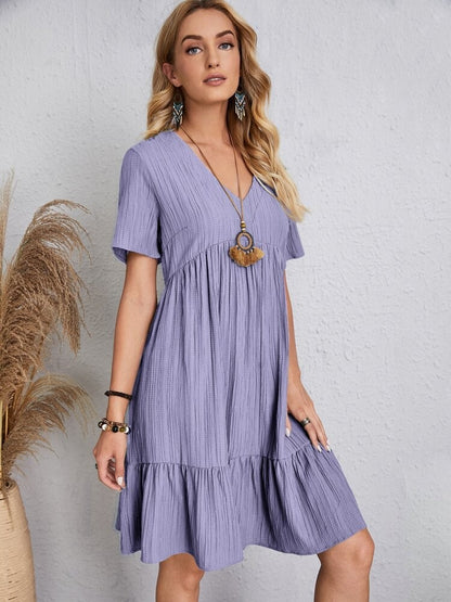 Women Elegant Short Sleeve V Neck Ruffles Dress Summer Casual Solid Loose Mini Dress Chic Bohemian Sundress Beach Party Vestidos