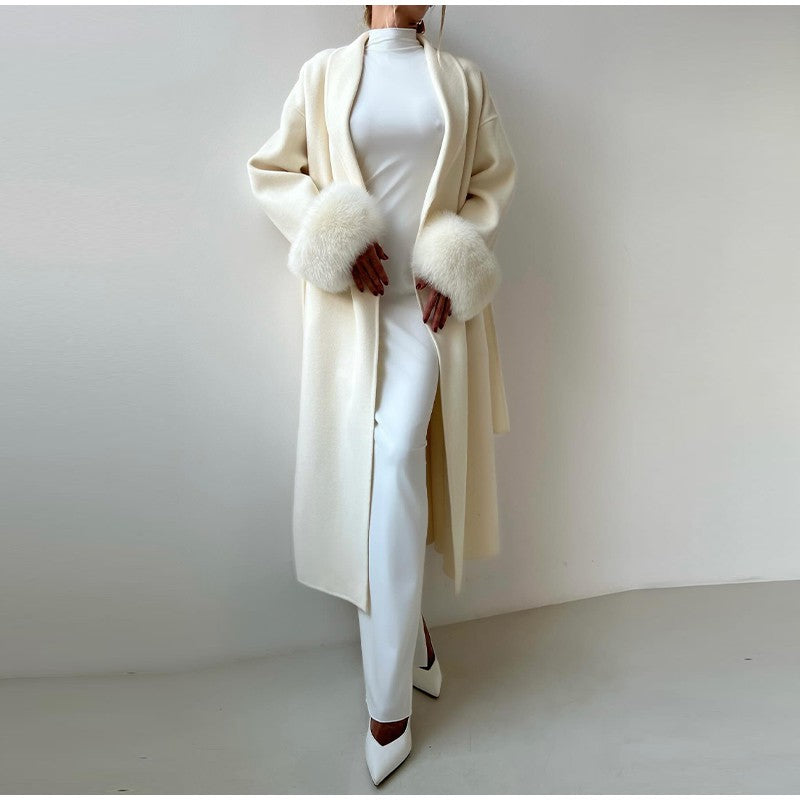 Lace-Up Short Overcoat Women's Coat Office Lady Elegant Woolen Furry Patchwork Long Sleeve Coats 2025 New Loose Cardigan Jackets