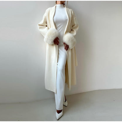 Lace-Up Short Overcoat Women's Coat Office Lady Elegant Woolen Furry Patchwork Long Sleeve Coats 2025 New Loose Cardigan Jackets