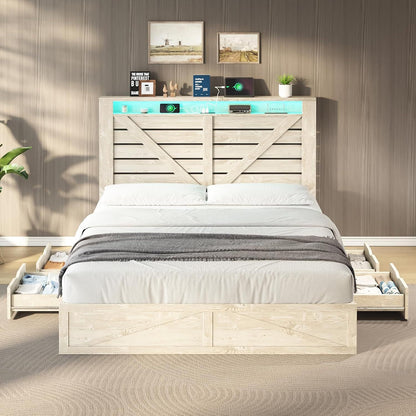Farmhouse Bed Frame with 4 Drawers & 4 Open Storage Space, Queen Size Storage Bed with LED Light & Charging Station, Woo
