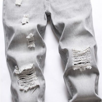 Mens Jeans Large-size Straight Light Gray Denim Trousers Spring and Autumn Full Length Male Pants Ripped Jeans