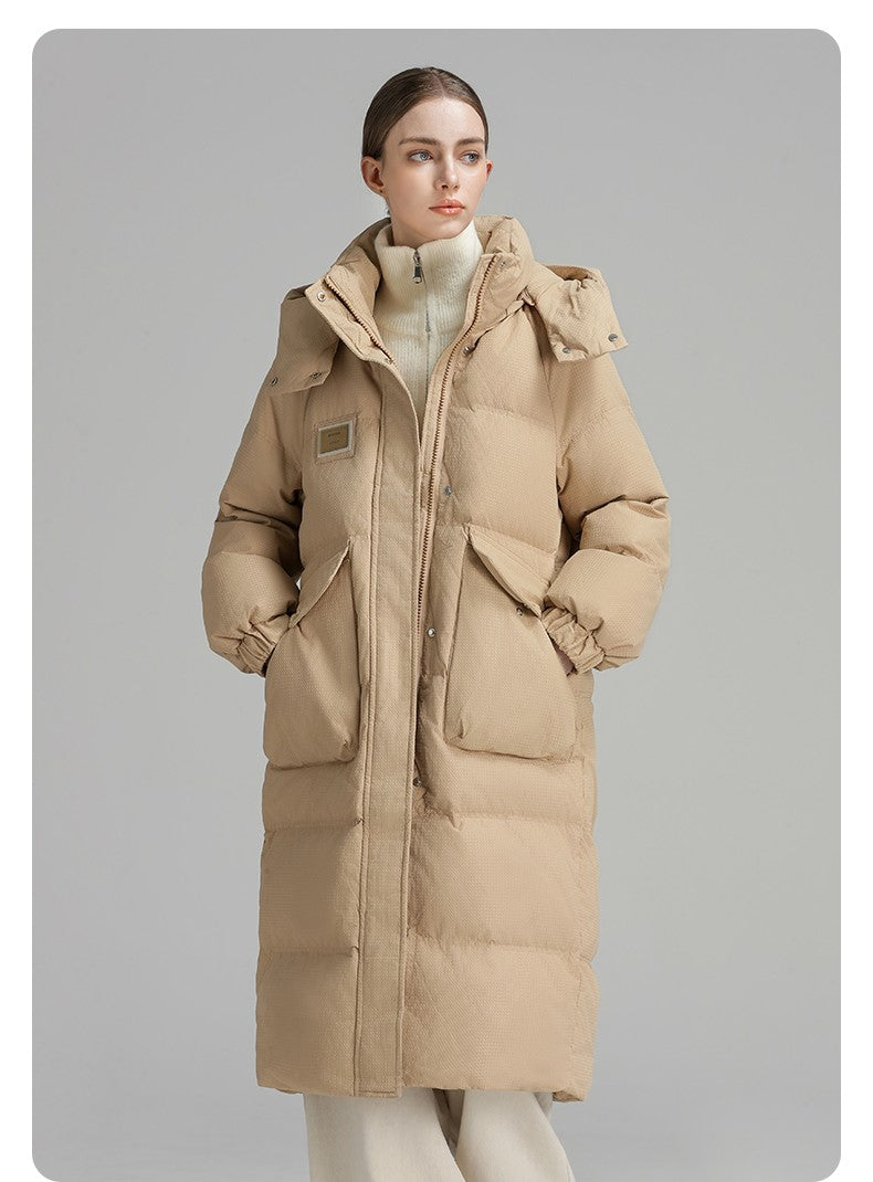 CLARKE QUEEN Long Down Jacket for Women Winter Duck Down Coat Hooded Over-the-Knee Casual Thickened Fitted Padded Puffer Coat