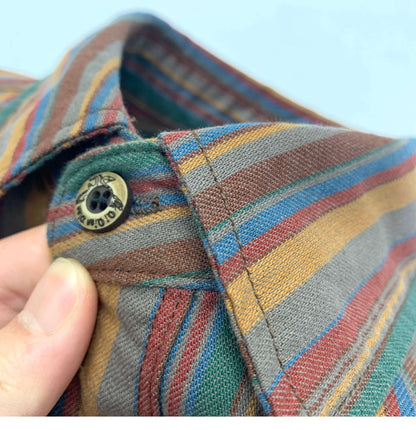 Amikaki Ethnic Style Men's Pure Cotton Colorful Stripes Shirt Loose Ancient Cargo Long Sleeved Shirt Jacket With Chest Pocket