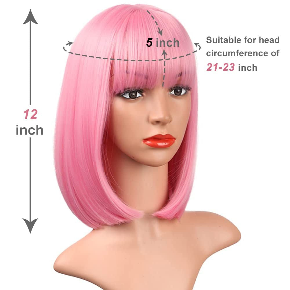 Peruca sintética rosa de 30 cm, curta e reta, para cosplay, penteado pompadour, peruca de cabelo de alta temperatura para uso diário
