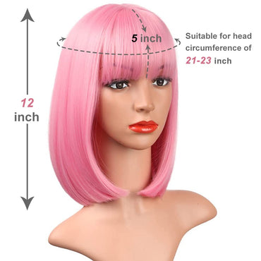 Peruca sintética rosa de 30 cm, curta e reta, para cosplay, penteado pompadour, peruca de cabelo de alta temperatura para uso diário
