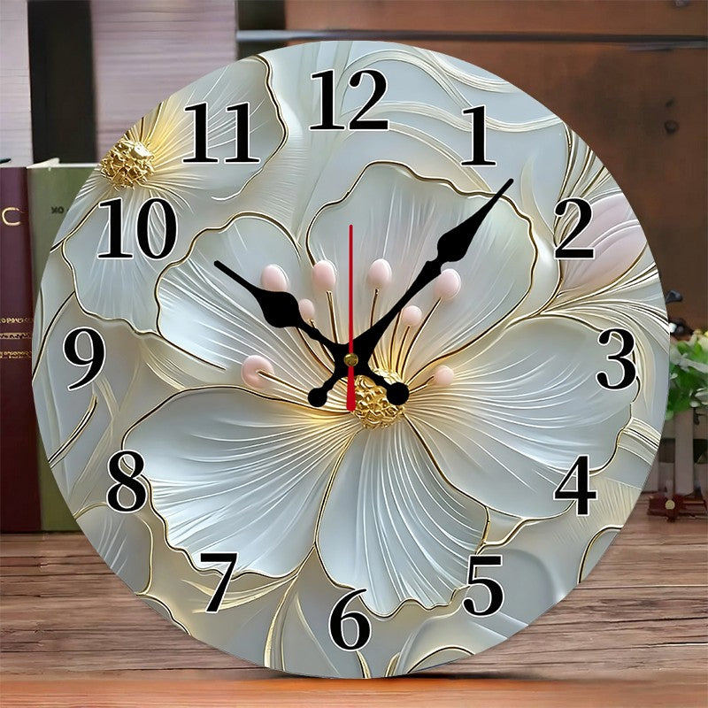 Golden & Pink Floral Wooden Round Silent Hanging Wall Clock, Suitable For Living Room,Office,Study Room, Bedroom,Home Decoration